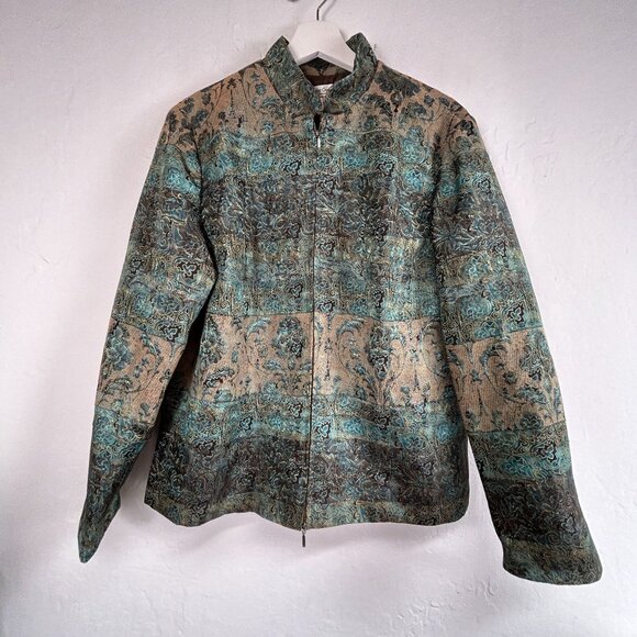 Coldwater Creek Women's Tapestry Zip Up Jacket Large Teal Brown Floral Paisley - Picture 1 of 8